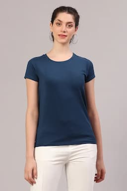 Cotton Blend Solid T-Shirt for Women 010945XLDARBLU