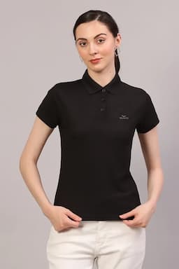 Cotton Blend Solid Polo T-Shirt for Women 010953XXLBLA