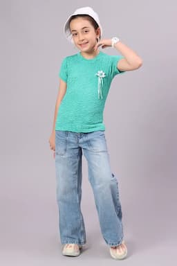 Cotton Blend Solid T-Shirt for Girl (2-14 Yrs) 011015910YRSGRE