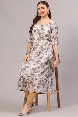 Georgette Floral Printed Flared Kurti for Women 013509XLGRE2