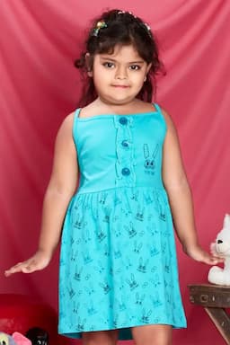 Girl's Cotton Hosiery Printed Frock (2 - 8 Yrs) 013648BLU56YRS