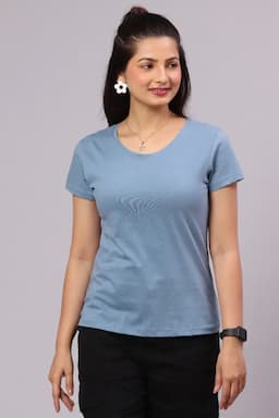 Cotton Hosiery Solid T-Shirt for Women 014035LPOWBLU