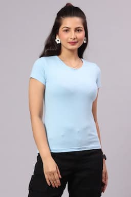 Cotton Solid T-Shirt for Women 014154MSKYBLU