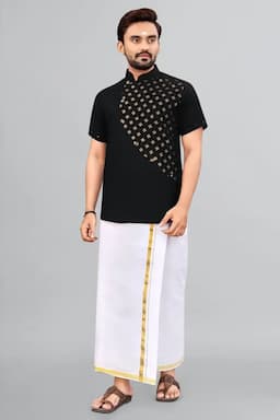 Cotton Gold Print Short Kurta for Men 0142964XLBLA