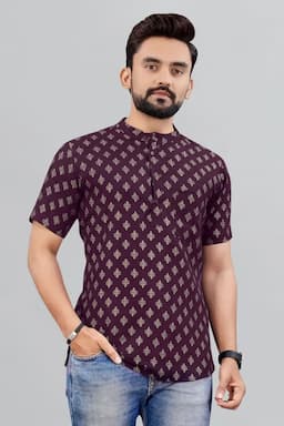 Cotton Gold Print Short Kurta for Men 0142985XLBUR