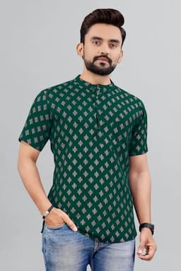 Cotton Gold Print Short Kurta for Men 014298MHUNGRE