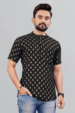 Cotton Gold Print Short Kurta for Men 014298XLBLA