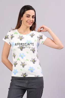 Cotton Blend Floral Printed T-Shirt for Women 014496LGRE