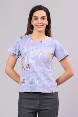 Cotton Blend Typographic Printed T-Shirt for Women 014514LLAV