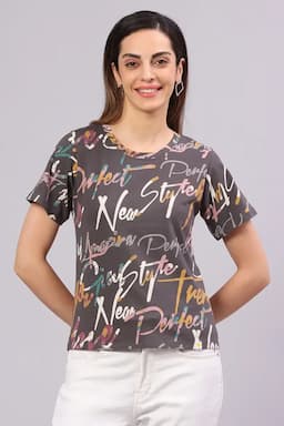 Cotton Blend Typographic Printed T-Shirt for Women 014514XXLDARGRE