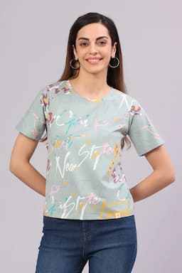 Cotton Blend Typographic Printed T-Shirt for Women 014514XXLOLI
