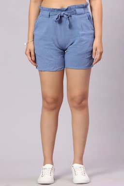 Linen Solid Shorts for Women 014603BLUGREXL2