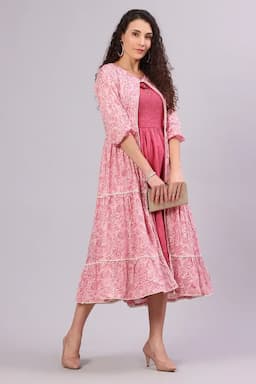 Cotton Printed Dress with Over Coat for Women  01467538PIN