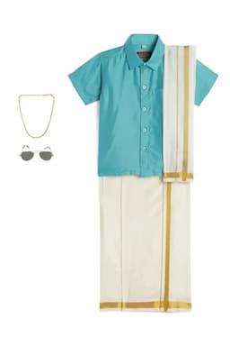 Boy's Art Silk Shirt & Dhoti with Angavasthuram 5 Pcs Set (Accessories Included) 014722AQU34YRS