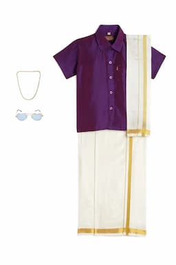 Boy's Art Silk Shirt & Dhoti with Angavasthuram 5 Pcs Set (Accessories Included) 014722DARORC34YRS