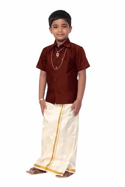 Boy's Art Silk Shirt & Dhoti with Angavasthuram 5 Pcs Set (Accessories Included) 014722MAR23YRS