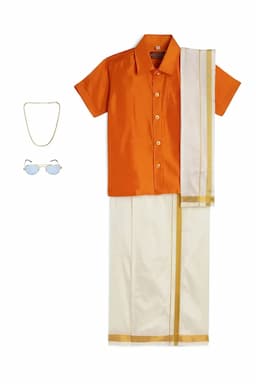 Boy's Art Silk Shirt & Dhoti with Angavasthuram 5 Pcs Set (Accessories Included) 014722ORA45YRS