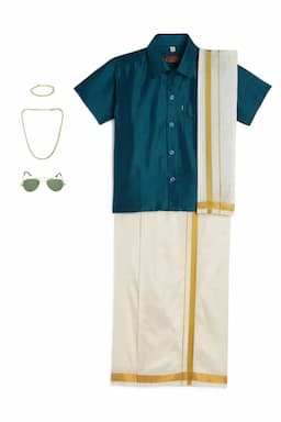 Boy's Art Silk Shirt & Dhoti with Angavasthuram 5 Pcs Set (Accessories Included) 014722TEA45YRS