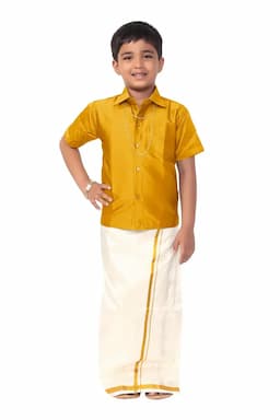 Boy's Art Silk Shirt & Dhoti with Angavasthuram 5 Pcs Set (Accessories Included) 014722YEL23YRS
