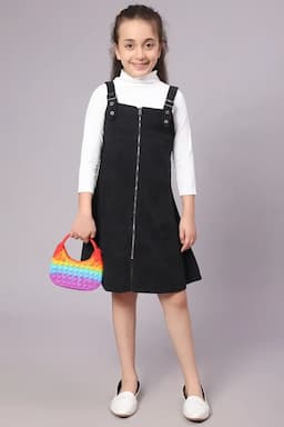 Girl's Corduroy Solid Dungaree Set (4-17 Yrs) 014796BLA45YEA