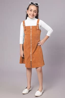 Girl's Corduroy Solid Dungaree Set (4-17 Yrs) 014796BRO1415YEA