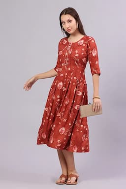Rayon Botanical Printed Dress for Women 015056REDXL