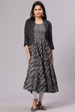 Cotton Blend Printed Dress with Jacket for Women 015088BLAM
