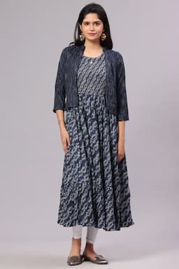 Cotton Blend Printed Dress with Jacket for Women 015088NAVBLUL