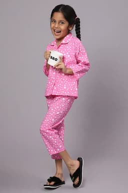 Girl's Cotton Blend Printed Pyjama Set (1 - 10 Yrs) 015119PIN78YRS