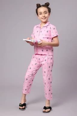 Girl's Cotton Blend Printed Pyjama Set (1 - 10 Yrs) 015126PIN34YRS