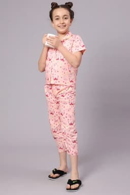 Girl's Cotton Blend Printed Pyjama Set (1 - 10 Yrs) 015143PEA12YRS