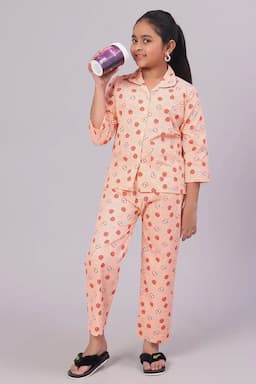 Girl's Cotton Blend Printed Pyjama Set (1 - 10 Yrs) 015188PEA910YRS