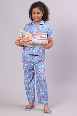 Girl's Cotton Blend  Printed Pyjama Set (1 - 10 Yrs) 015232BLU34YRS