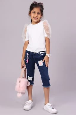 Girl's Denim Solid Capri with Belt (1-16 Yrs) 015855DARBLU12YRS