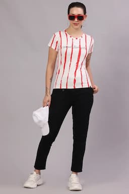 Cotton Blend Striped T-Shirt for Women 016185LRED