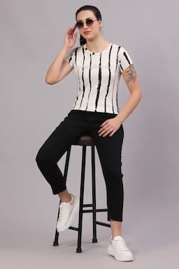 Cotton Blend Striped T-Shirt for Women 016185XLBLA