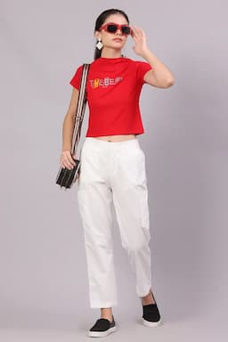 Cotton Lycra Typographic Printed T-Shirt for Women 016311LRED