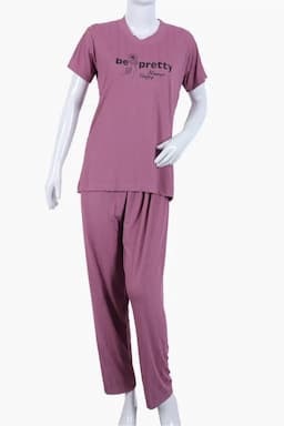 Lycra Typographic Print T-Shirt with Pyjama Set for Women 016390MAUXL
