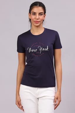 Cotton Typographic Printed T-Shirt for Women 016415XXLNAVBLU