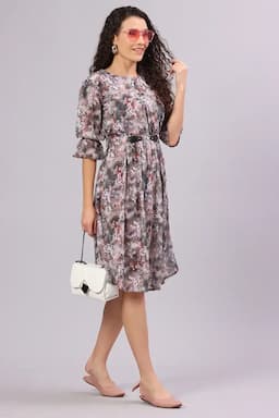 Women Georgette Floral Print Dress With Belt 016757MULXXL