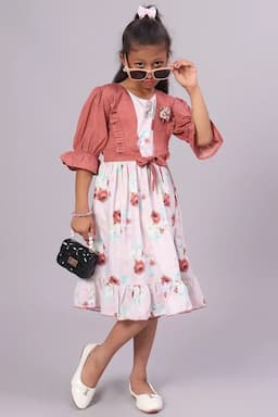 Girl's Polyester Printed Dress (3 - 16 Yrs) 017241BRO34YRS