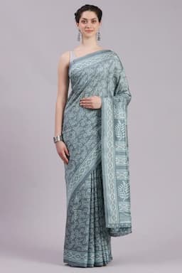 Crepe Printed Saree with Unstitched Blouse for Women 017345BLUGREFRESIZ