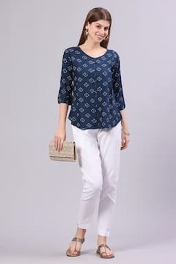Rayon Abstract Print Tunic Top for Women 017579MTEA2