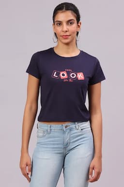 Lycra Typographic Printed T-Shirt for Women 017612XLNAVBLU