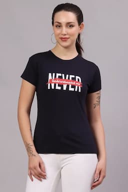 Cotton Lycra Typographic Print T-Shirt for Women 017853LNAVBLU