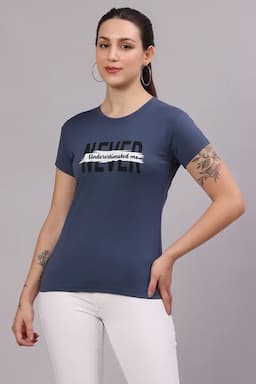 Cotton Lycra Typographic Print T-Shirt for Women 017853XLBLUGRE