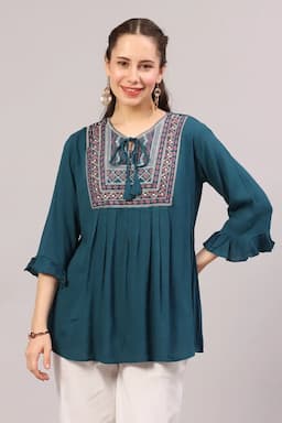  Cotton Blend Embroidered Longline Top for Women 018505XLGRE