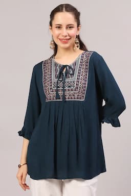  Cotton Blend Embroidered Longline Top for Women 018505XXLTEA