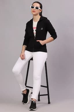 Cotton Blend Solid Hooded Neck Sweat Shirt for Women 019221BLAXL