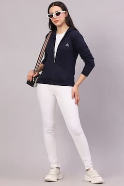 Cotton Blend Solid Hooded Neck Sweat Shirt for Women 019221NAVBLUL